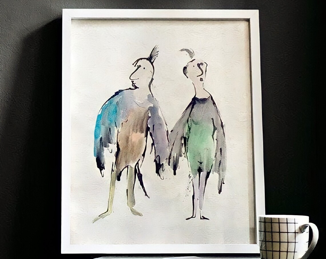 Whimsical Pair Of Quirky Bird People Loose Watercolor Art Poster - Image 4