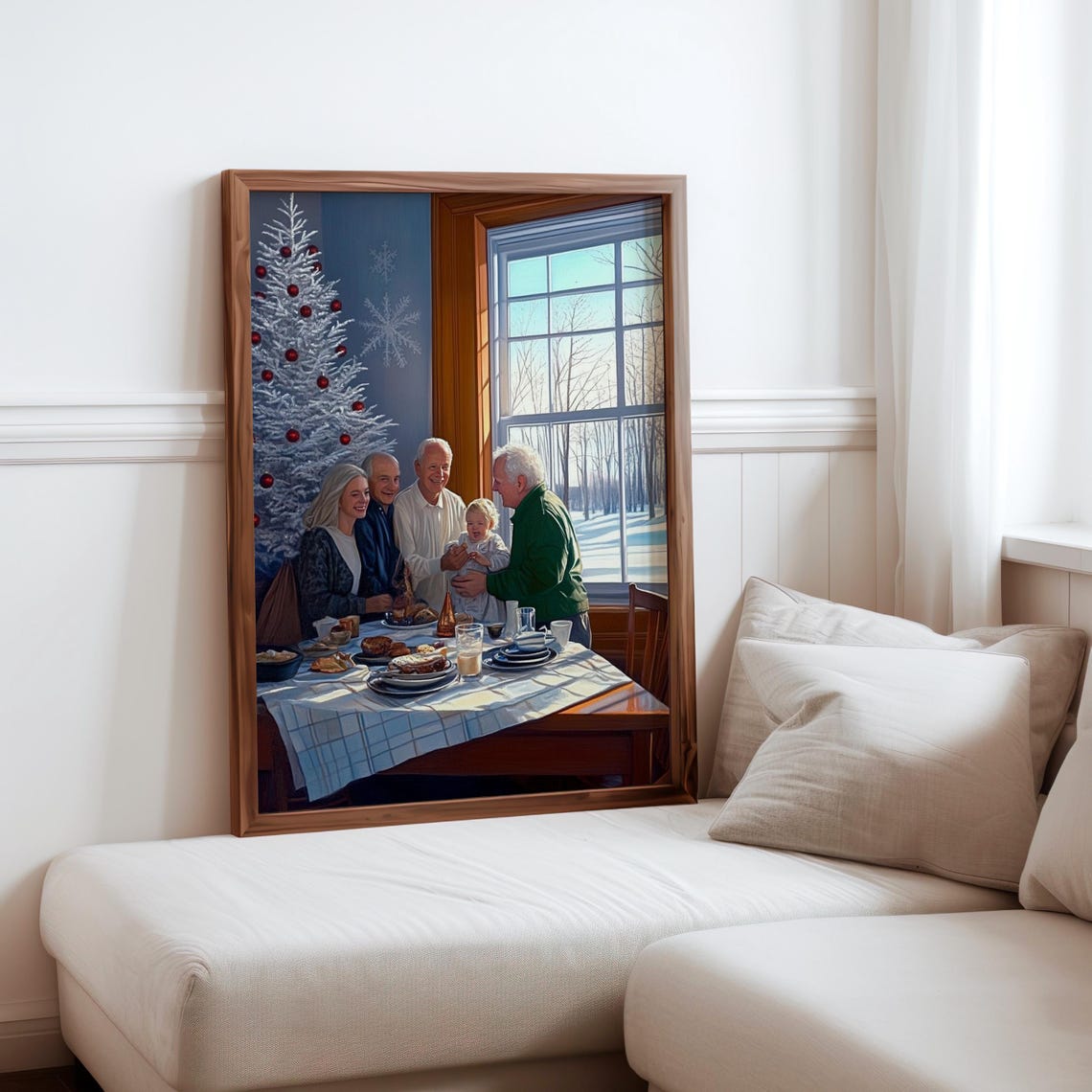 Family Christmas Breakfast Decorated Tree Snowy Window Art Poster