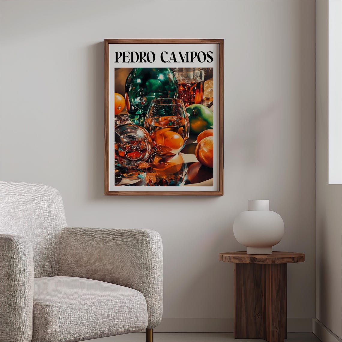 Pedro Campos Inspired Green Glass Bottles Orange Still Life Print - Image 2