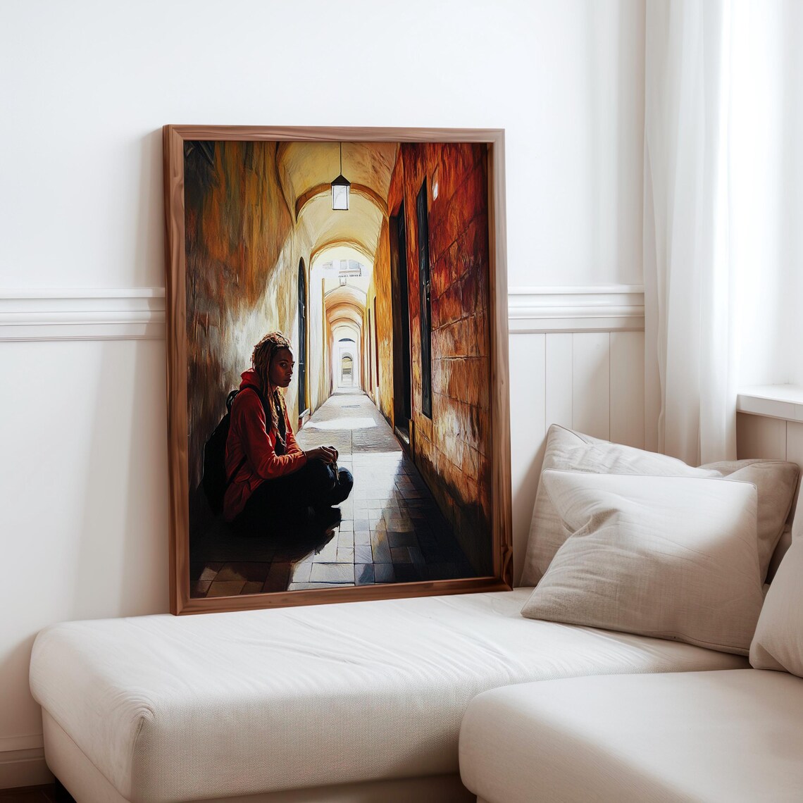 Red Hoodie Woman Sunlit Arched Alley Passage Photorealism Poster