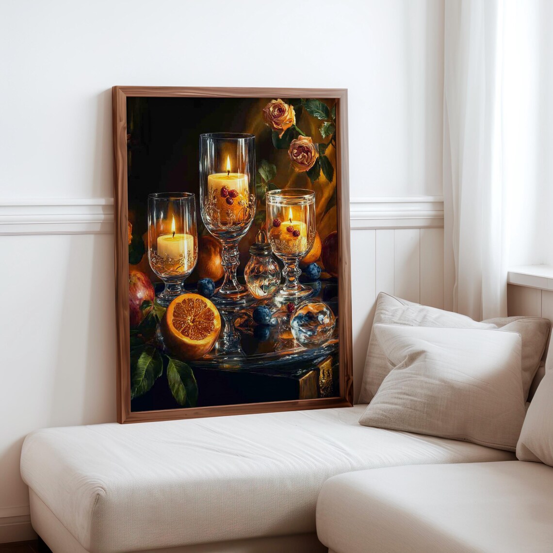 Glass Hurricane Candles Blood Orange Roses Still Life Art Print