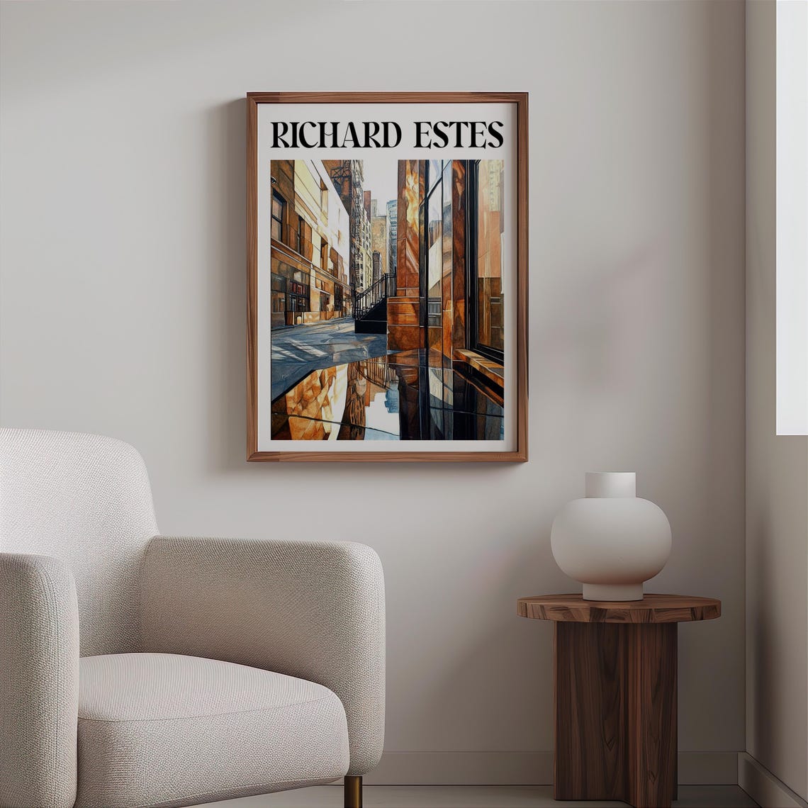 Rainy City Alley Bronze Column Puddle Reflections Photorealism Poster - Image 2