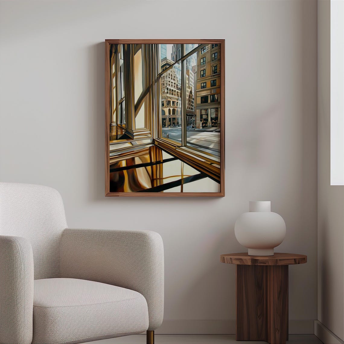 Photorealistic Brass Window View Onto Sunlit City Street Poster - Image 2