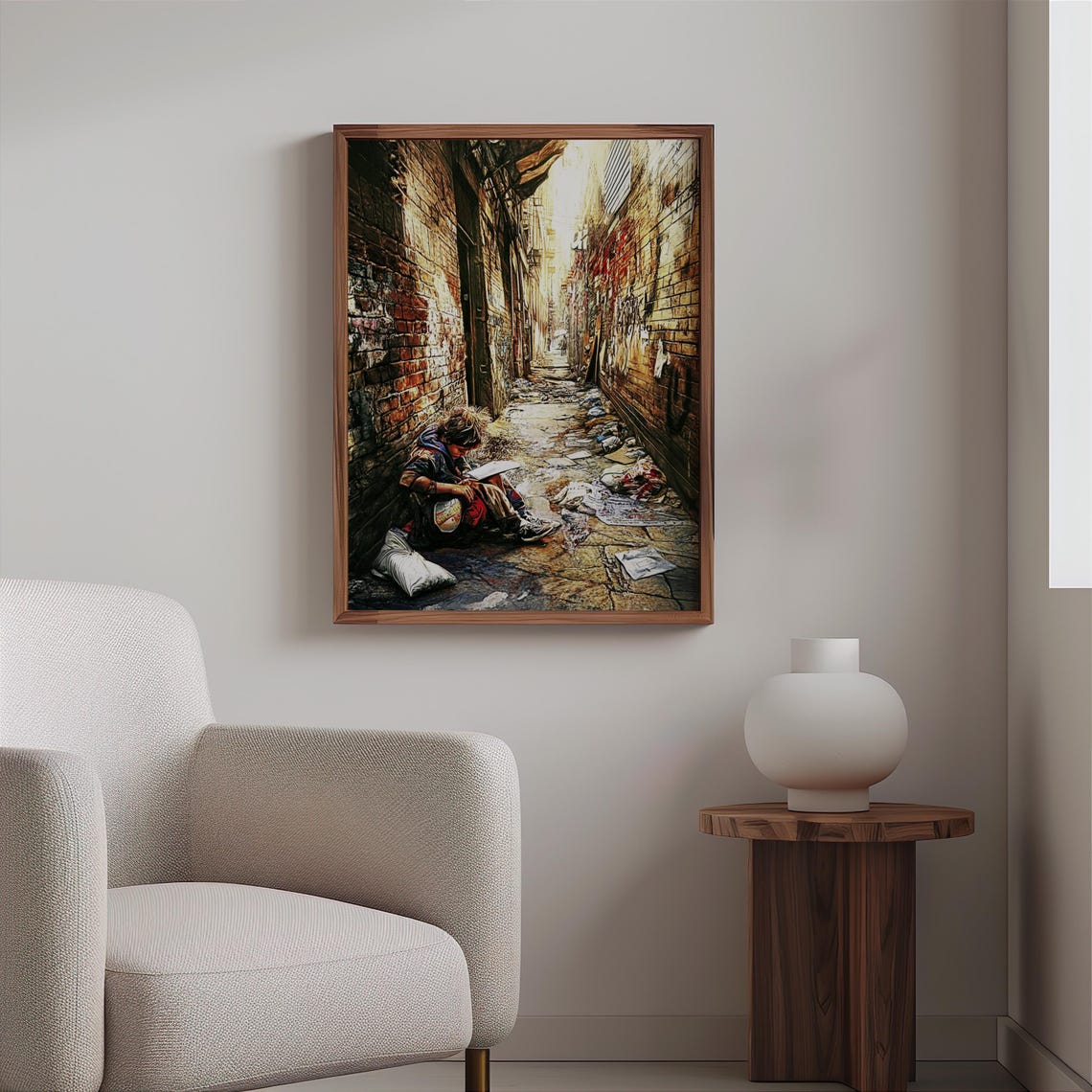 Alley Child Reading Book Gritty Brick Wall Photorealism Poster - Image 2
