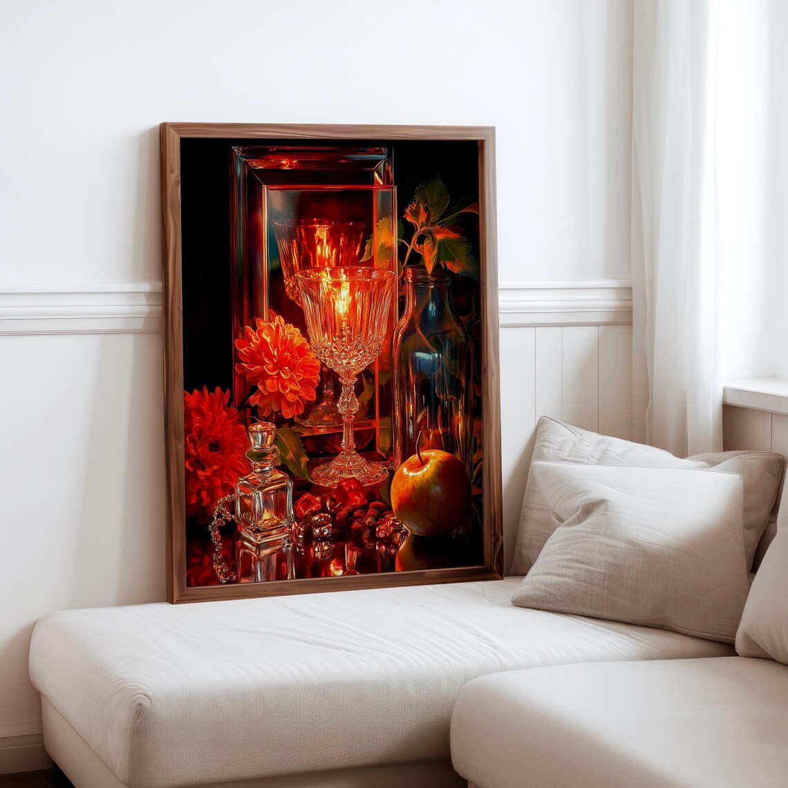 Crystal Goblets Red Dahlias Dark Moody Photorealism Still Life Poster