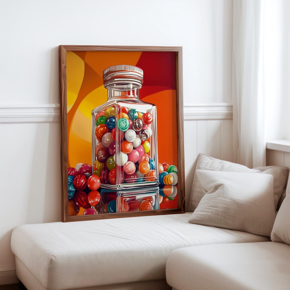Glass Bottle Screw Cap Gumballs Orange Sunburst Retro Candy Poster