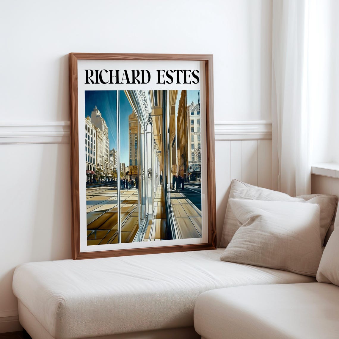 Richard Estes Inspired Sunlit Glass Facade Cityscape Art Print