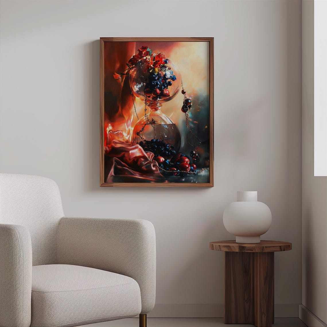Glass Vessel with Grapes and Flowers Golden Still Life Poster - Image 2