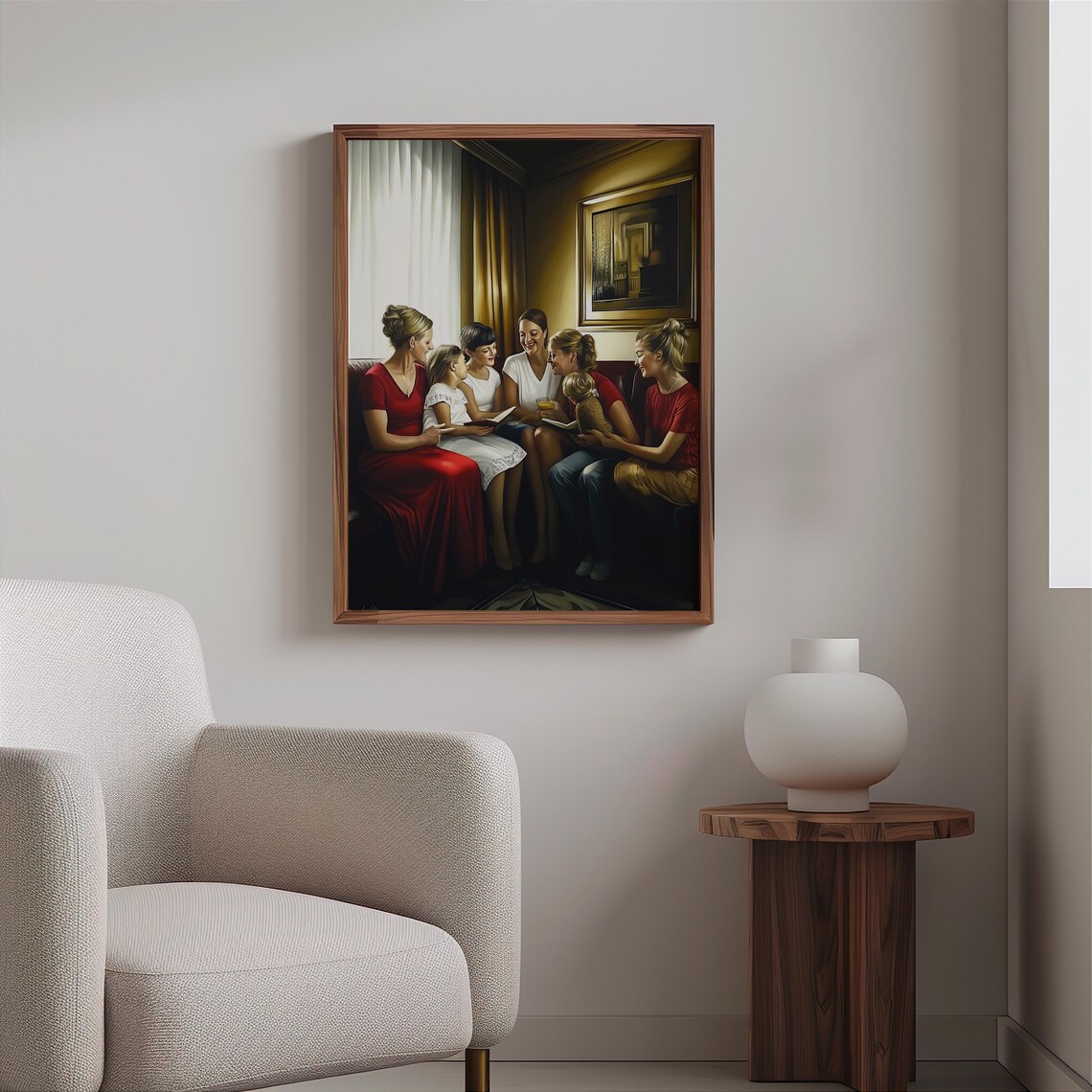 Women Reading Together Cozy Warm Interior Red Dress Group Art Print - Image 2