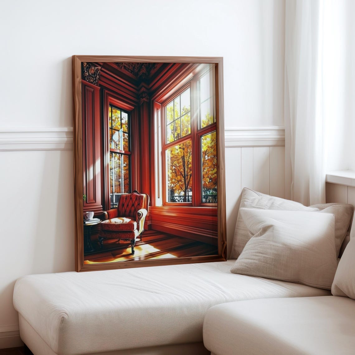 Autumn Corner Windows Red Tufted Chair Tea Cup Cozy Scene Print