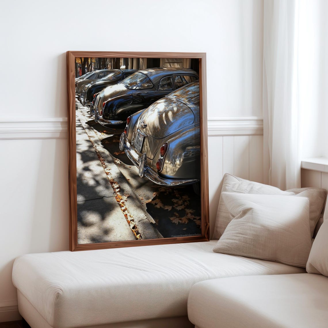 Classic Cars Rear View Row Tree Shadow Sunlit Street Auto Poster