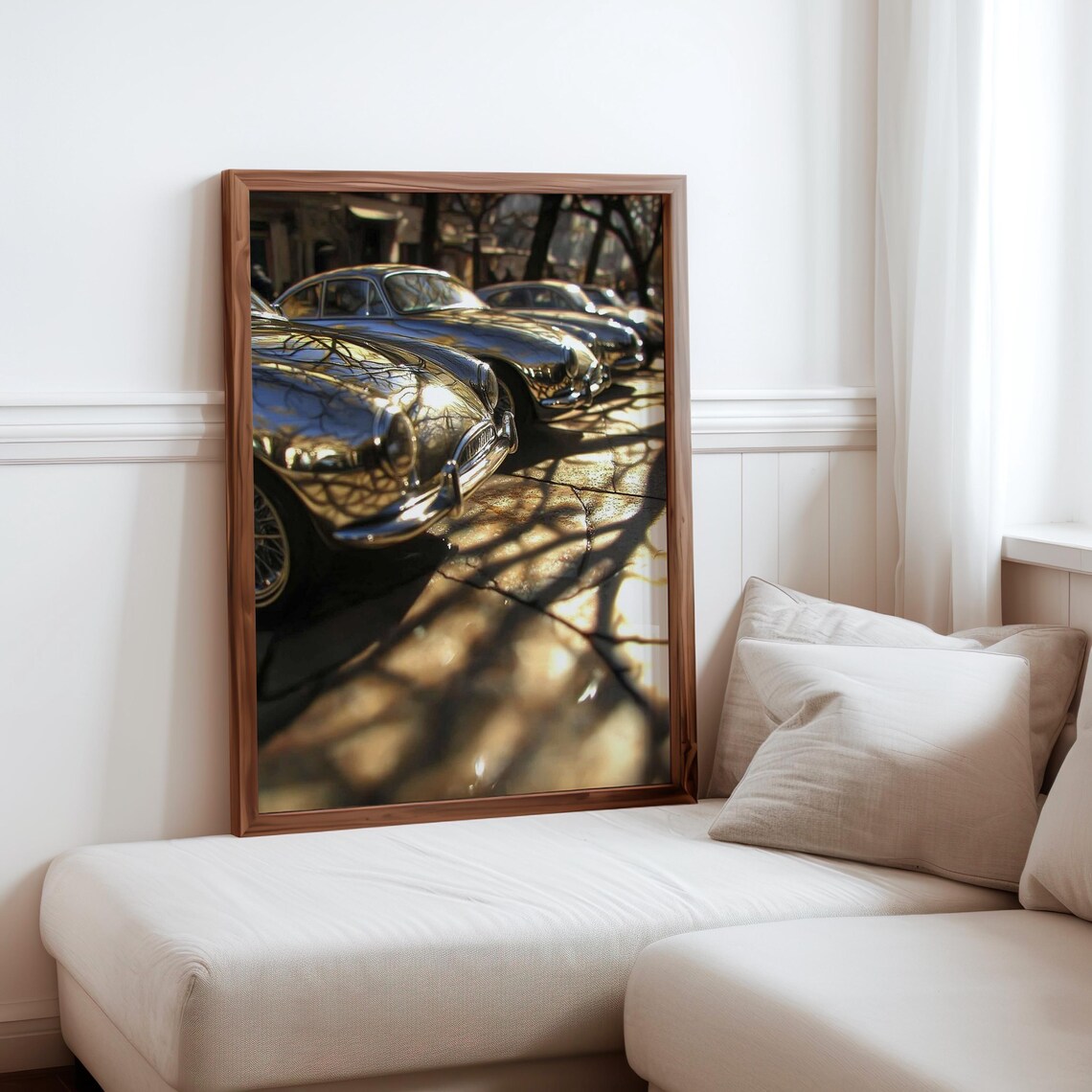 Classic Cars Row Chrome Hoods Sunlit Street Vintage Auto Poster