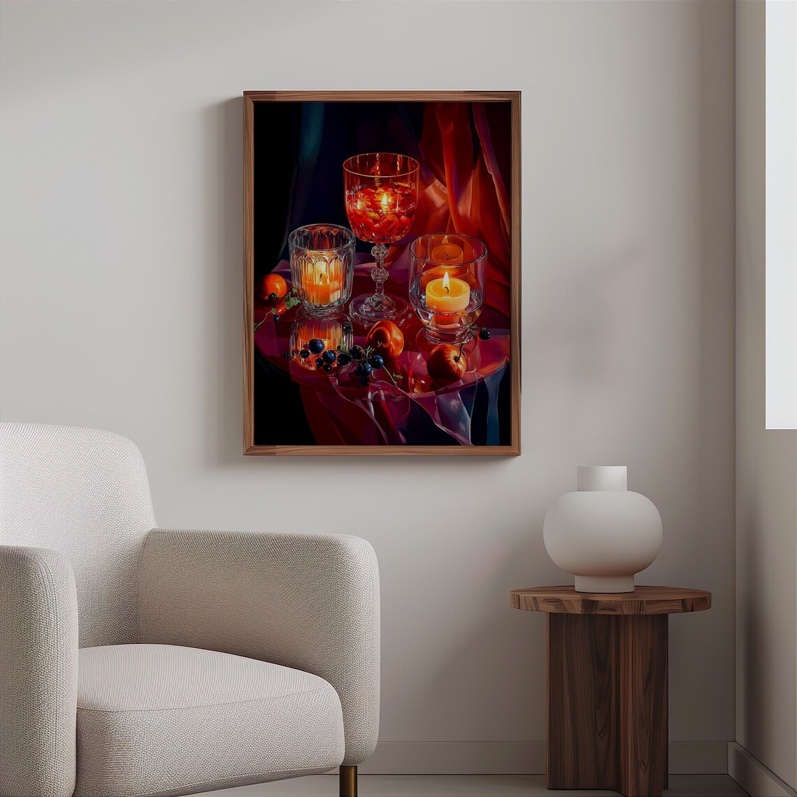 Moody Red Glass Goblets Candles Dark Drapery Still Life Art Print - Image 2