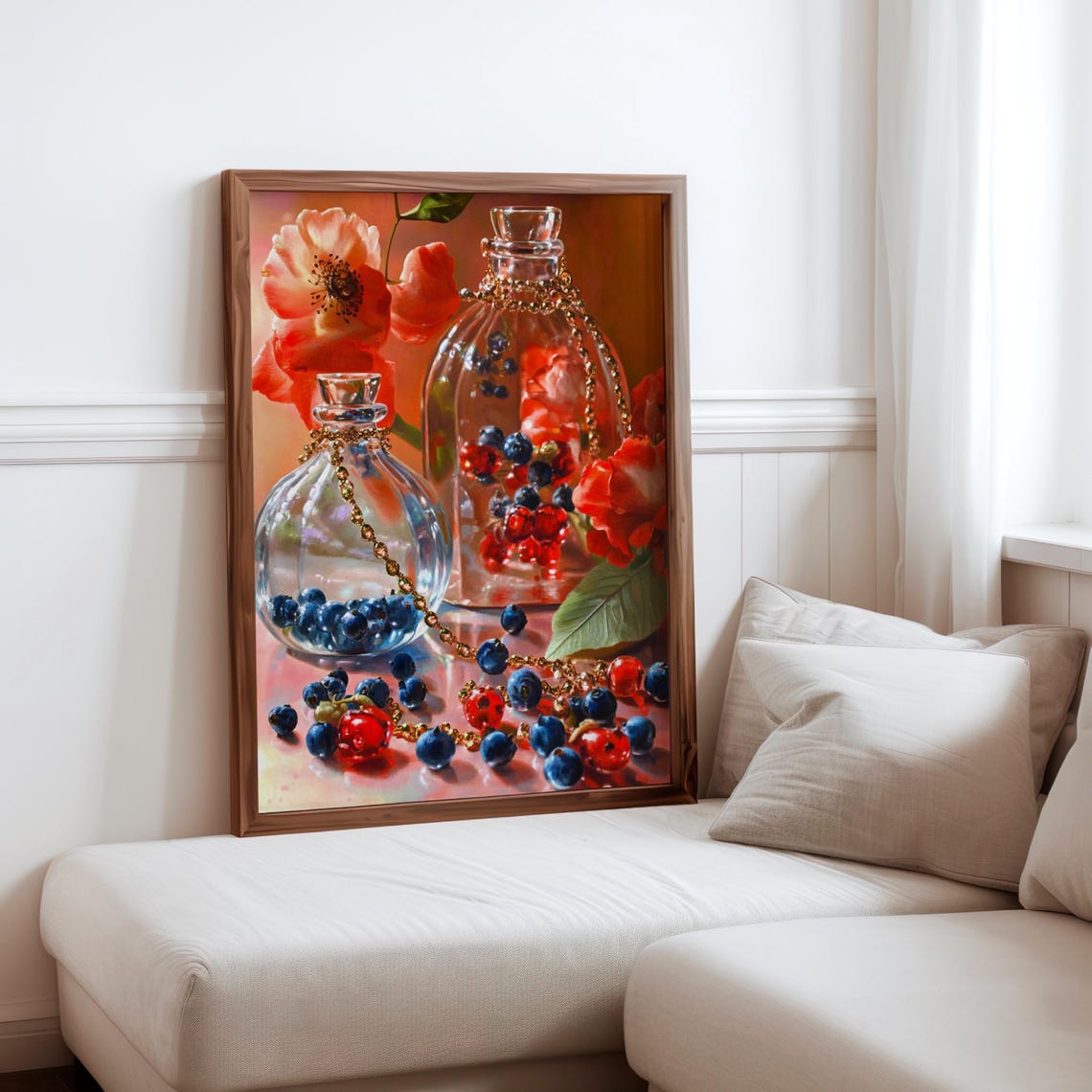 Decanters with Red Poppies and Blueberries Still Life Poster Art
