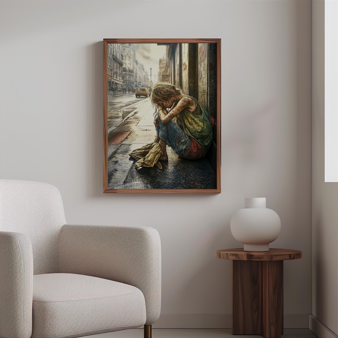 Weary Homeless Person Sitting Wet Sidewalk Taxi Street Art Poster - Image 2