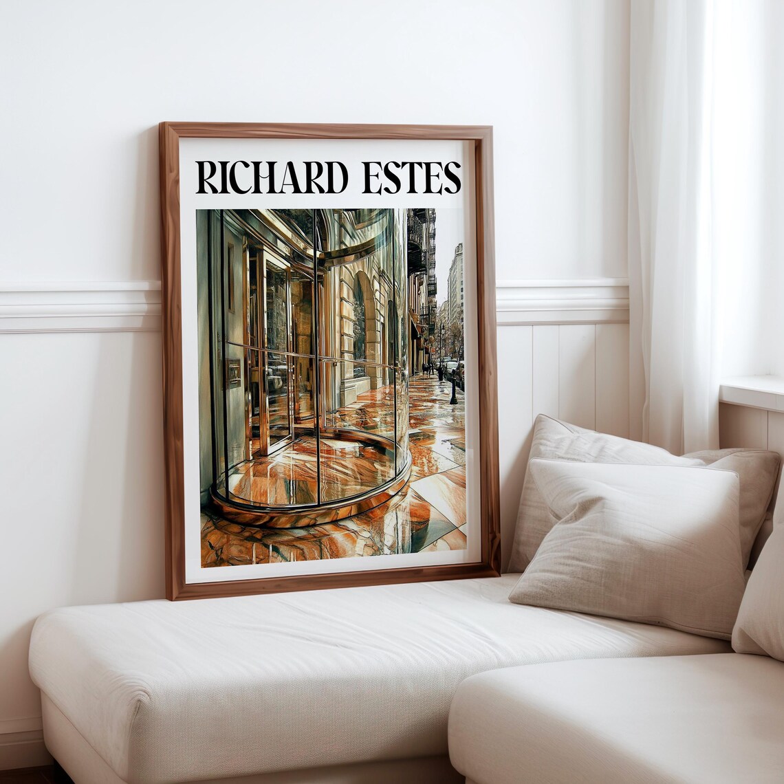 Curved Glass Corner Building Wet Street Photorealism Urban Art Poster