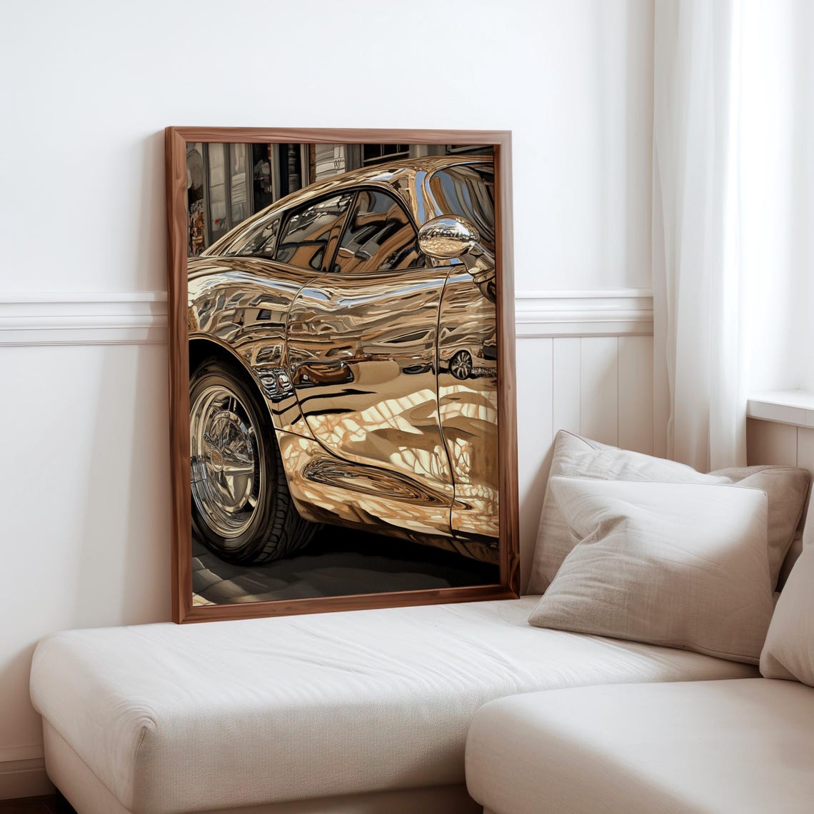 Chrome Sports Car Side Golden Mirror Reflection Street Auto Poster