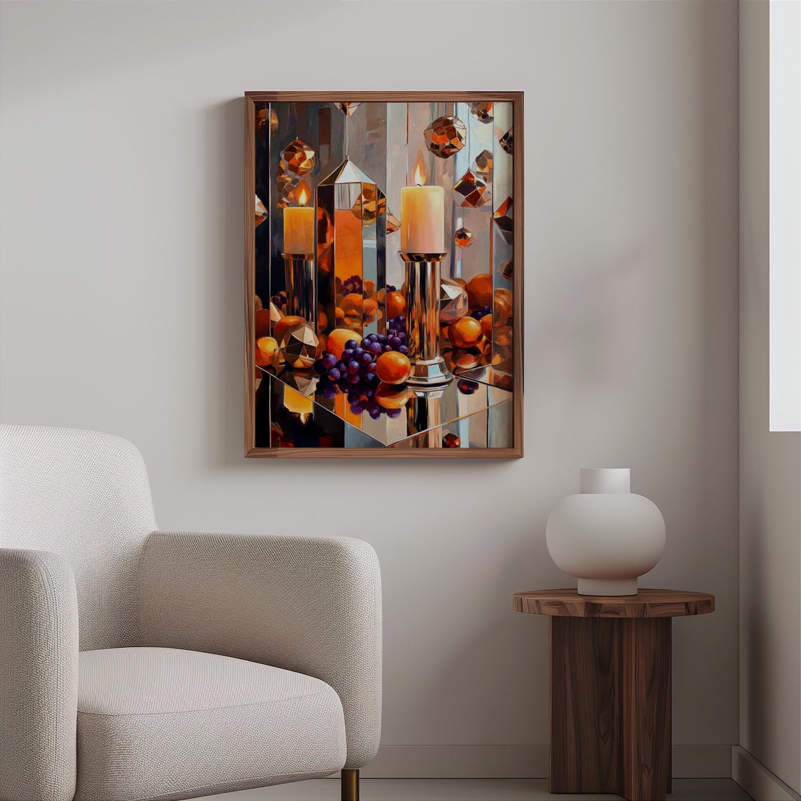 Brass Candlesticks with Oranges and Grapes Still Life Poster - Image 2