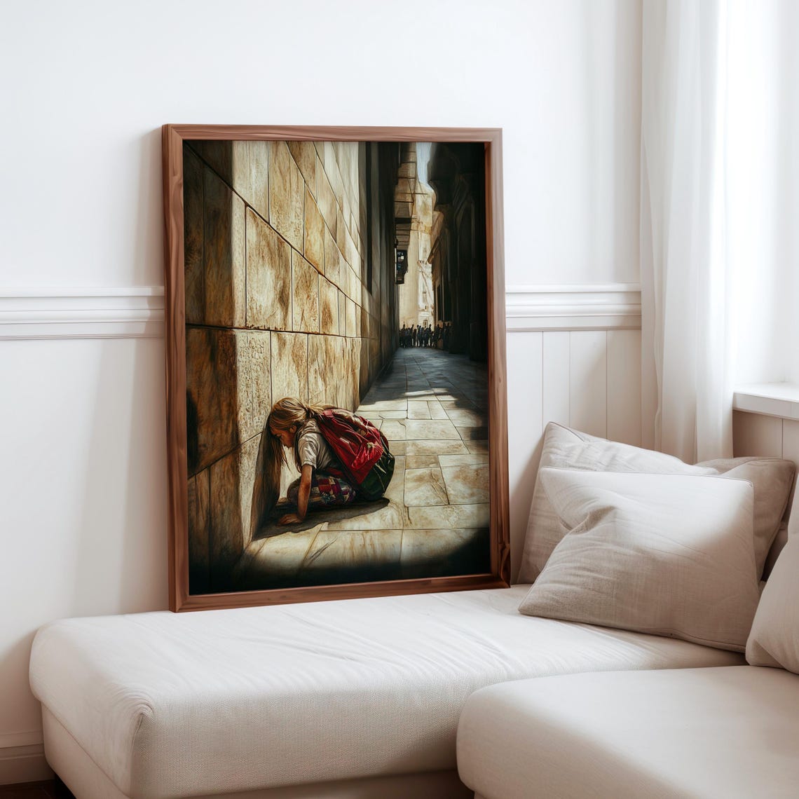 Girl Red Backpack Crouching Stone Passage Sunlight Photorealism Poster