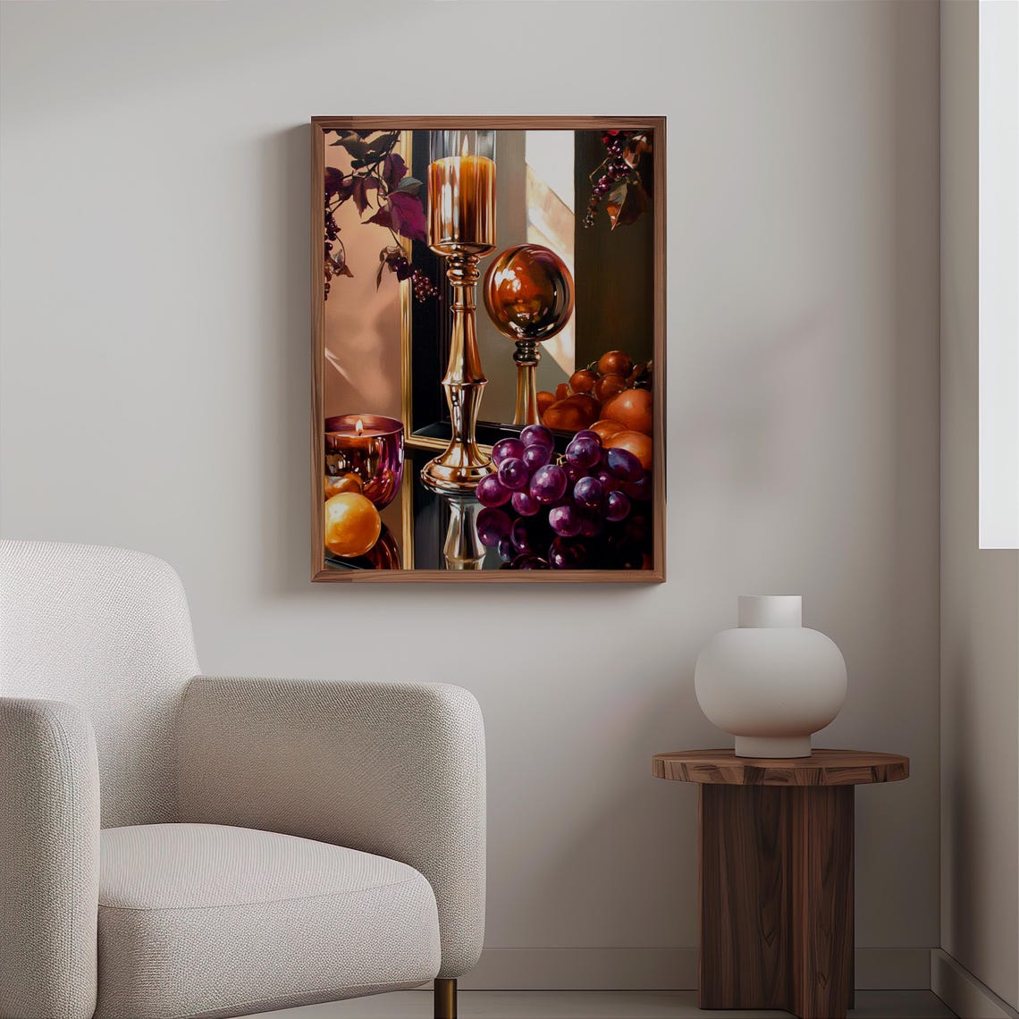 Brass Candlestick Copper Orb Grapes Mirror Still Life Art Print - Image 2