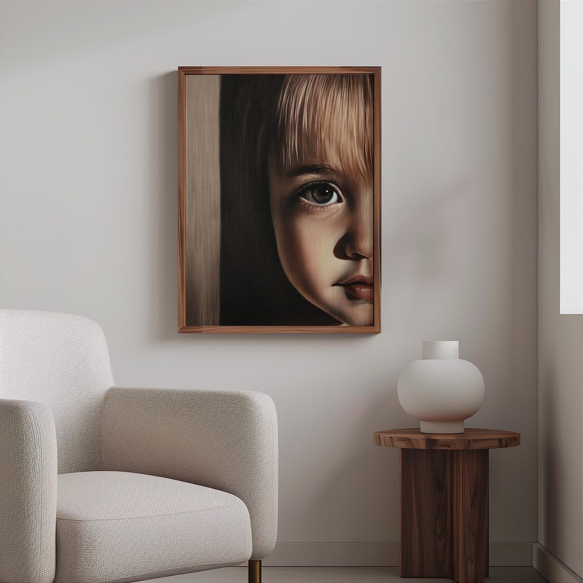 Child Half Face Peeking from Shadow Big Dark Eye Portrait Print - Image 2