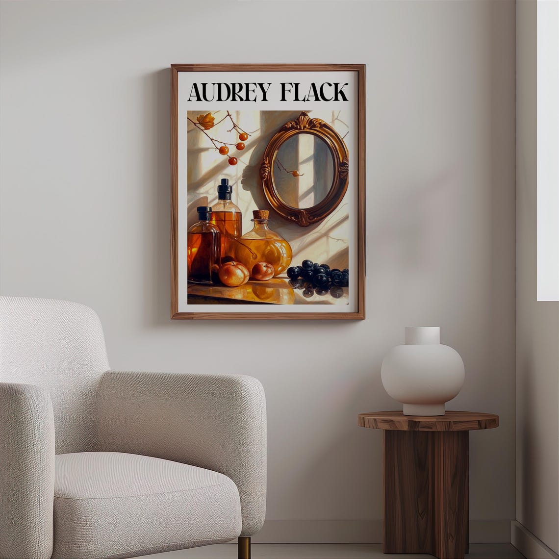 Audrey Flack Inspired Amber Glass Bottles Peaches Mirror Poster - Image 2