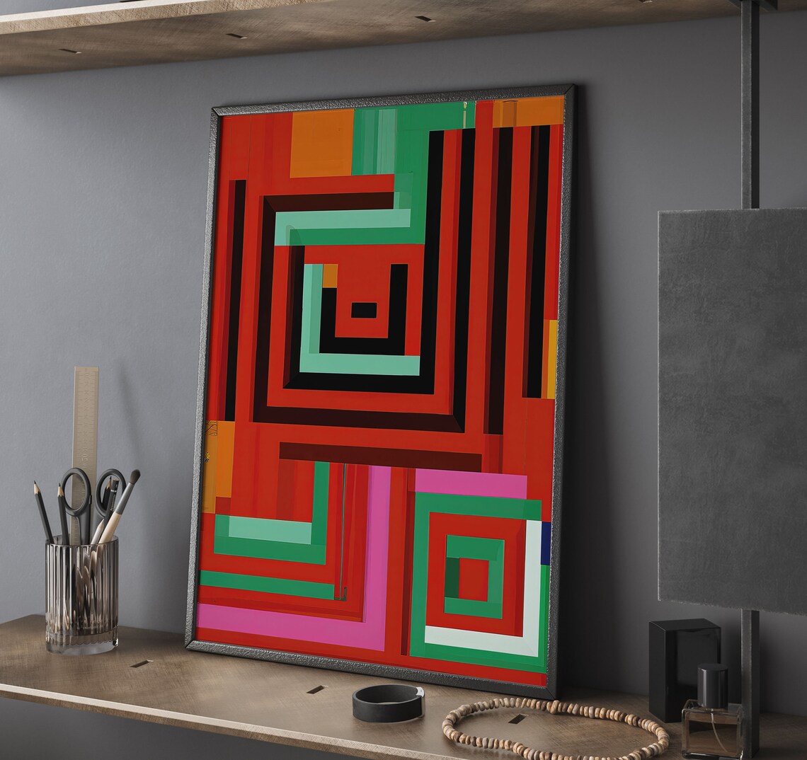 Geometric Labyrinth Red Green Black Abstract Squares Modern Wall Poster