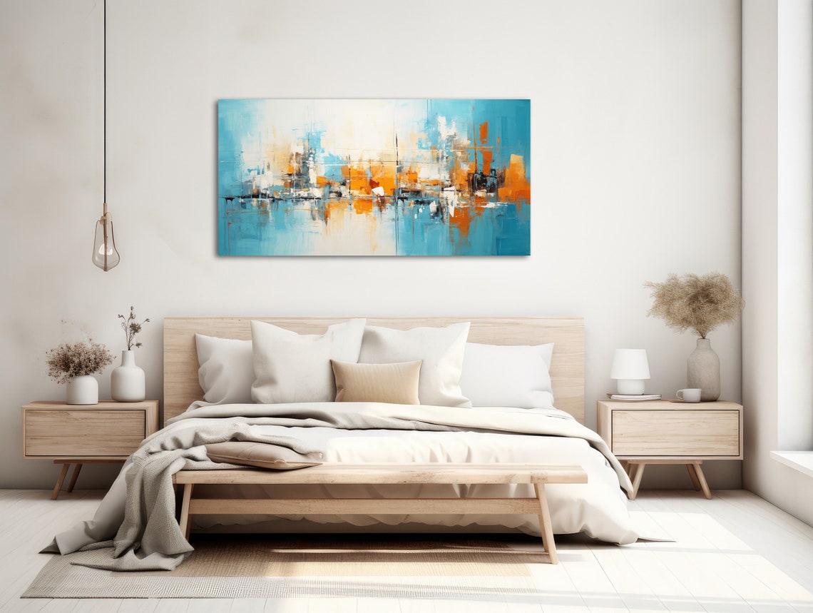 Blue Orange Panoramic Abstract Cityscape Reflection Modern Wall Art - Image 2
