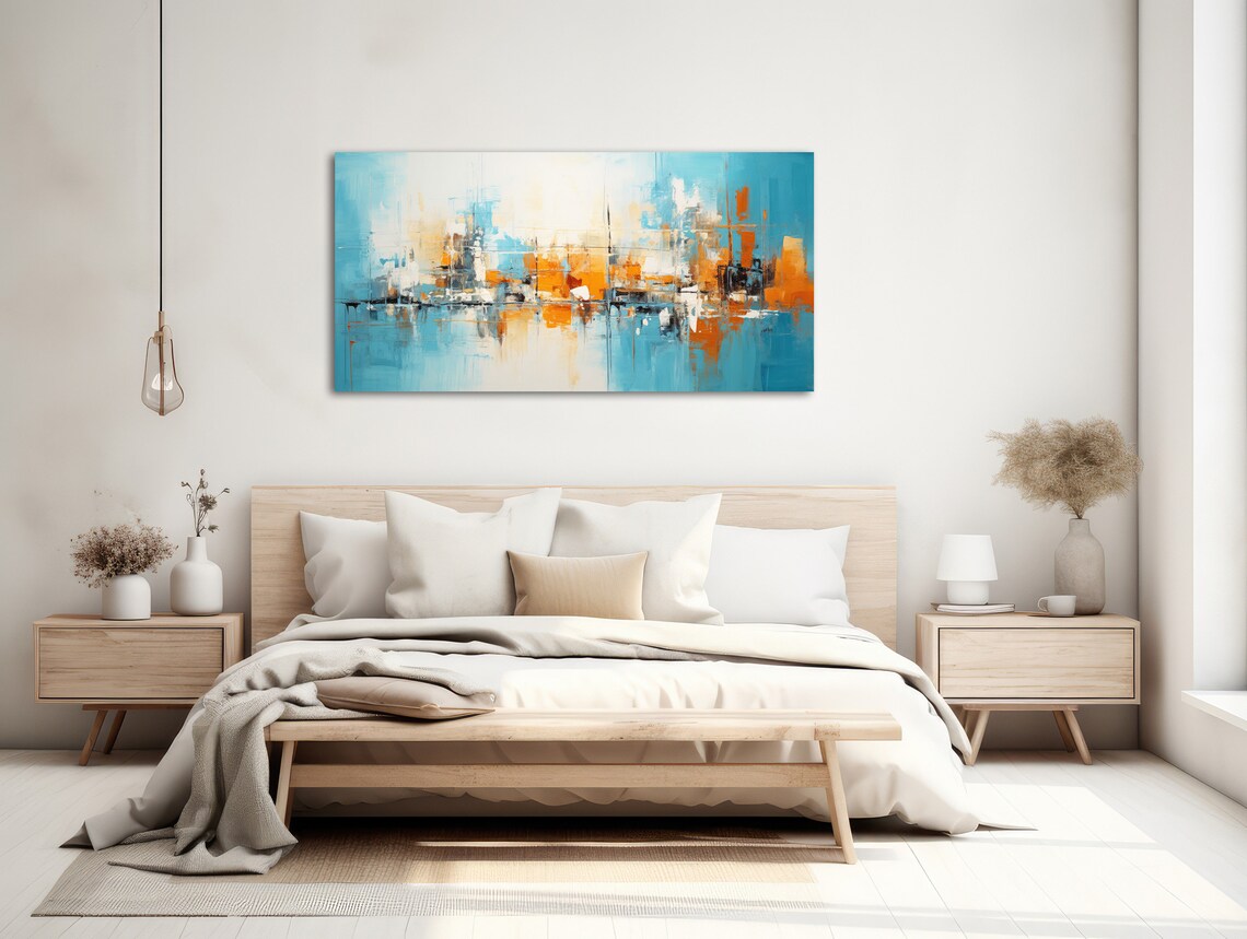 Large Abstract Wall Art Framed Print Modern Abstract Painting Blue And Orange Panoramic Artwork Echo Fathom - Image 2
