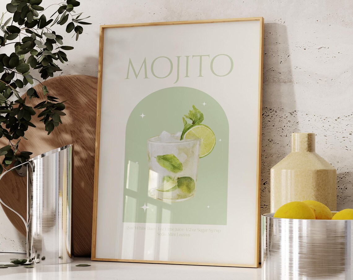 Mojito Watercolor Cocktail Recipe Sage Green Arch Kitchen Poster