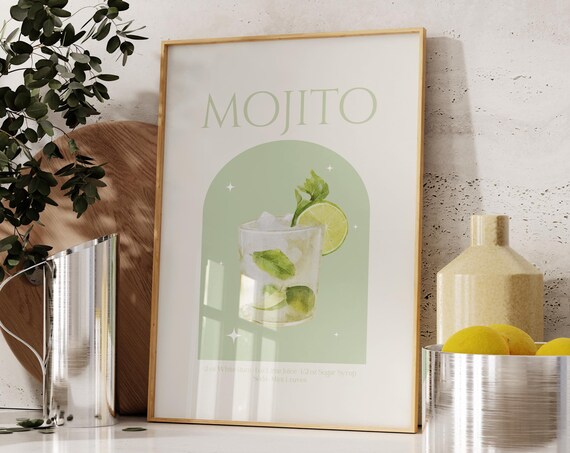 Mojito Watercolor Cocktail Recipe Sage Green Arch Kitchen Poster