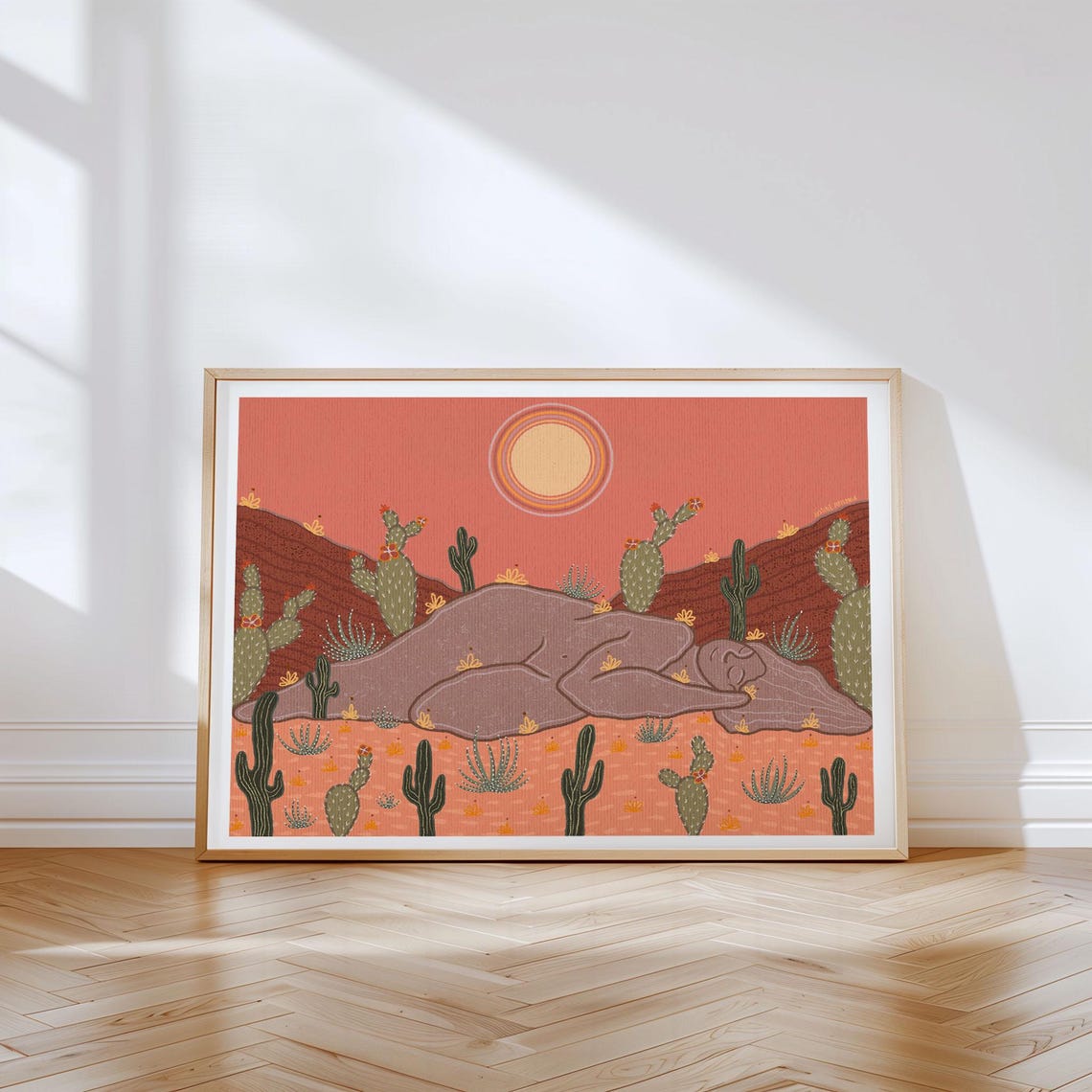 Sleepy Mountain Desert Woman Silhouette Cactus Sunset Art Poster - Image 4