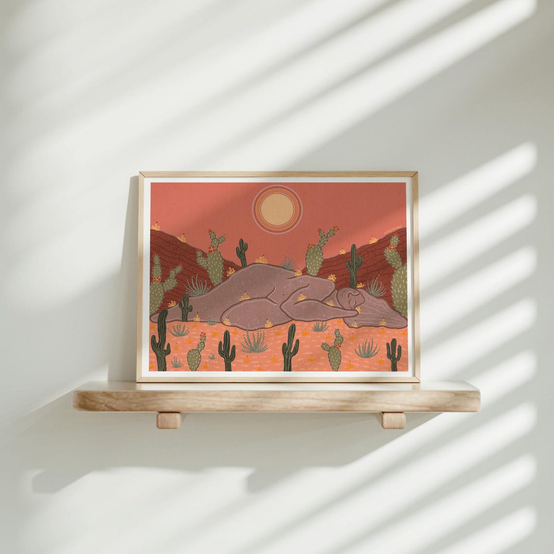 Sleepy Mountain Desert Woman Silhouette Cactus Sunset Art Poster