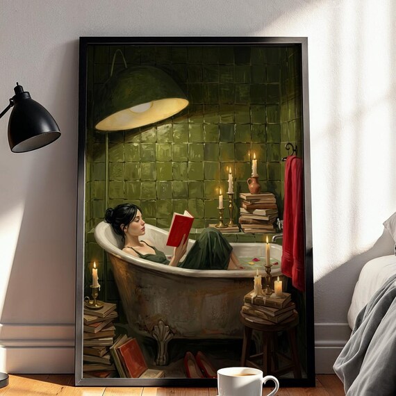 Moody Woman Reading In Bathtub Print Emerald Green Bathroom Wall Art Vintage Bibliophile Decor Cozy Book Lover Gift Digital Download