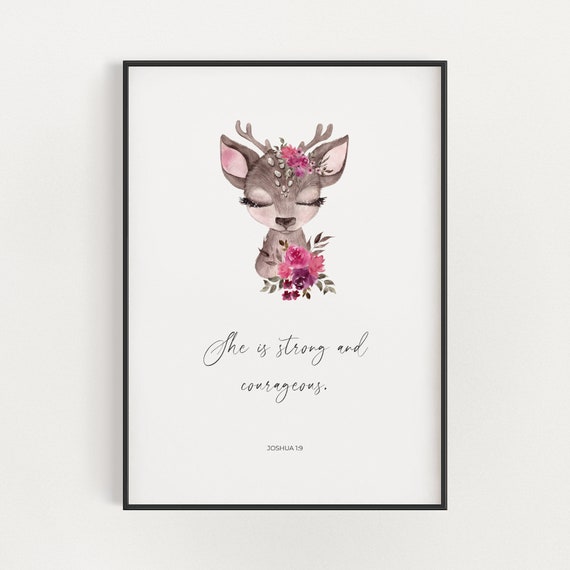 Joshua 19 She Is Strong And Courageous Christian Nursery Scripture Wall Art Decor Cute Floral Bible Verse