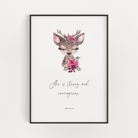 Joshua 1:9 Strong And Courageous Floral Fawn Scripture Poster