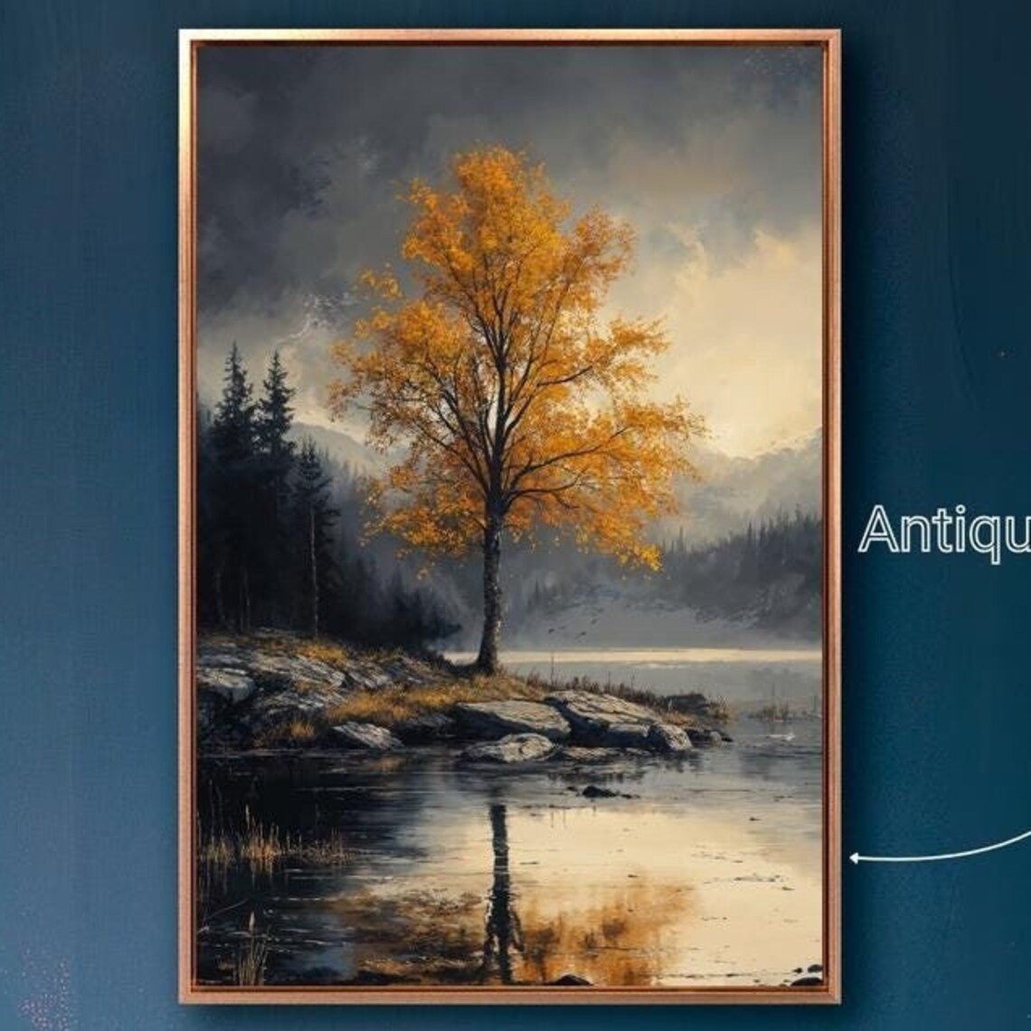 Golden Autumn Tree By Lake Rocky Shore Moody Nature Art Poster