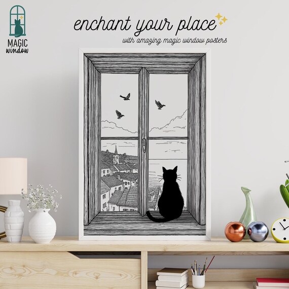 Black Cat Silhouette Watching Flying Birds From Magic Window Poster