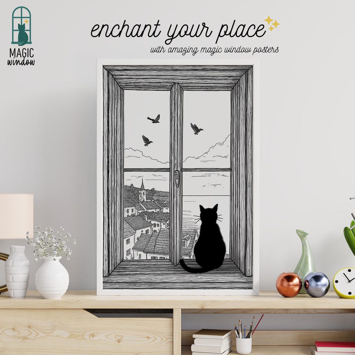 Black Cat Silhouette Watching Flying Birds From Magic Window Poster