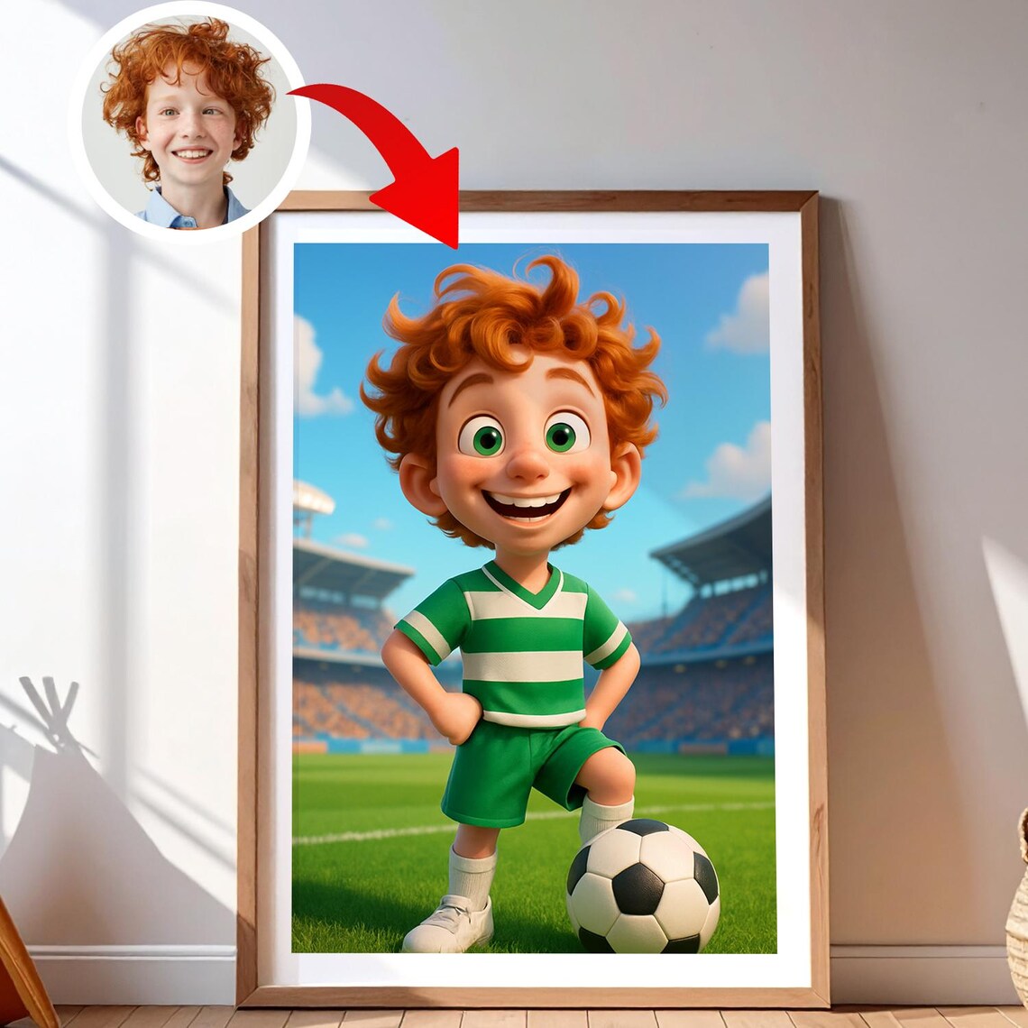 Personalized Cartoon Soccer Player Kids Photo Custom Sports Wall Poster