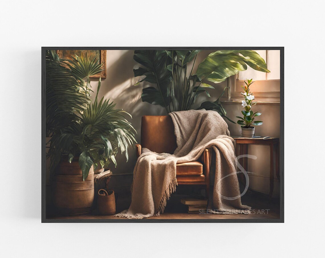 Cozy Reading Nook Armchair Houseplants Sunlit Room Oil Painting Poster