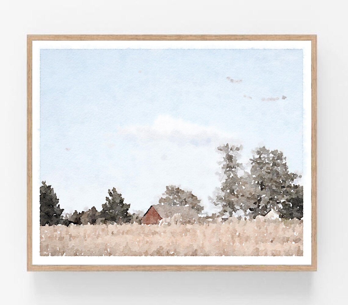 Barn Landscape Watercolor Art Print, Farmhouse Rustic Decor