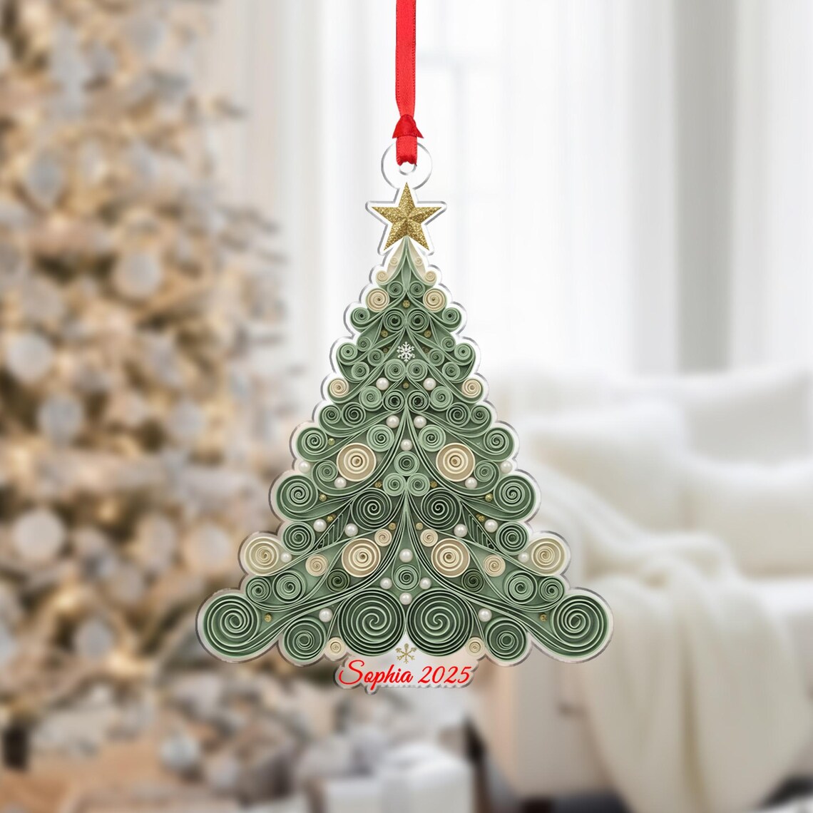 Personalized Quilling Christmas Tree Ornament Green Paper Swirls Gift Poster