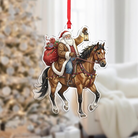 Santa Riding Horse Western Cowboy Christmas Lantern Gift Sack Ornament Print