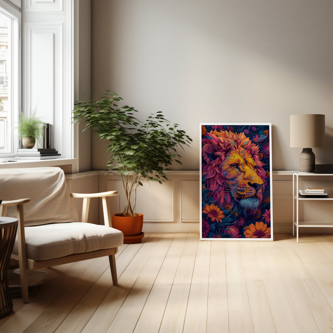Vibrant Neon Lion With Flowers Bold Modern Jungle Art Poster - Image 5