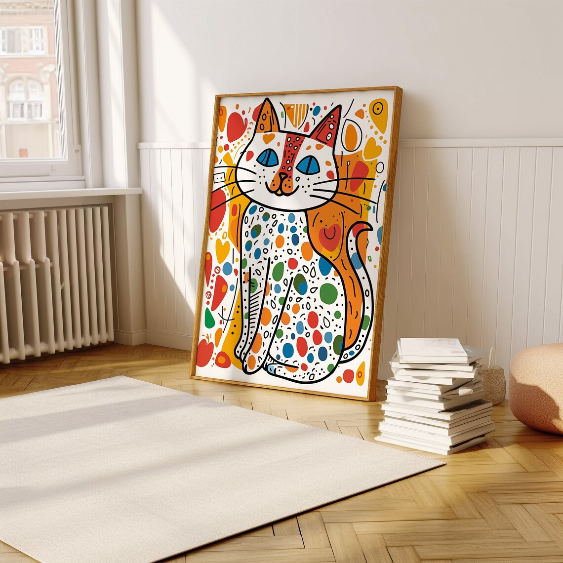 Simple Cat Doodle Art Print, Colorful Shapes and Polka Dots - Image 5