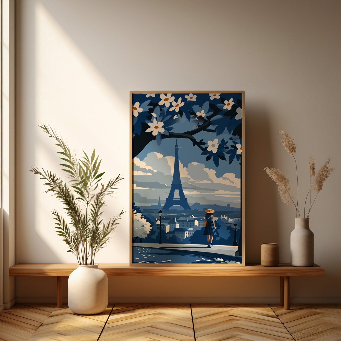 Paris Eiffel Tower View With Woman in Straw Hat Floral Poster - Image 3