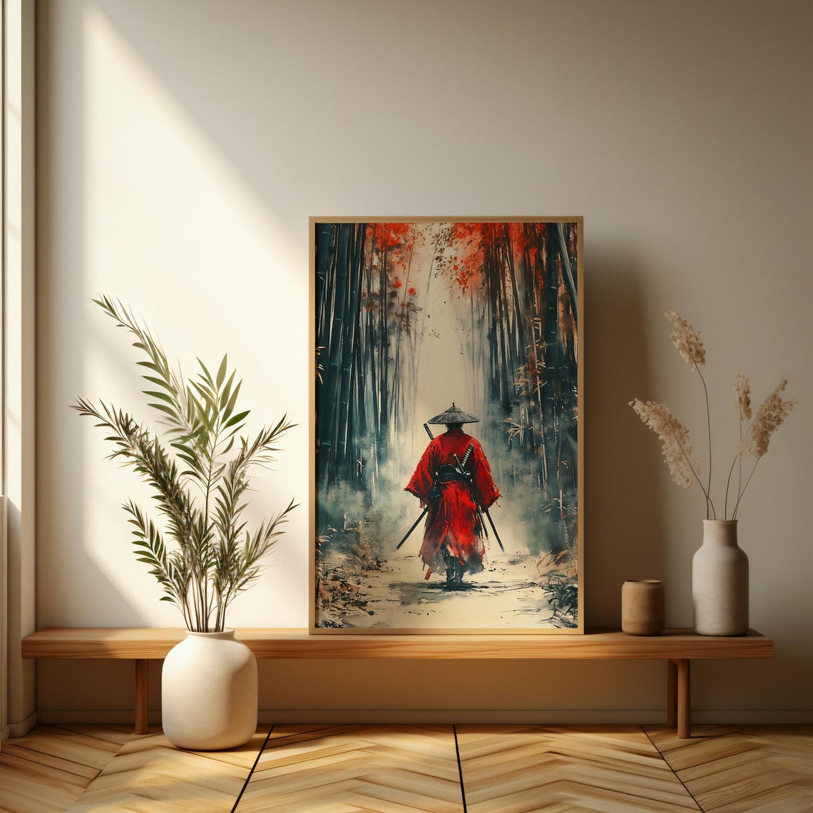 Samurai In Red Robe Walking Through Misty Bamboo Forest Asian Poster - Image 3