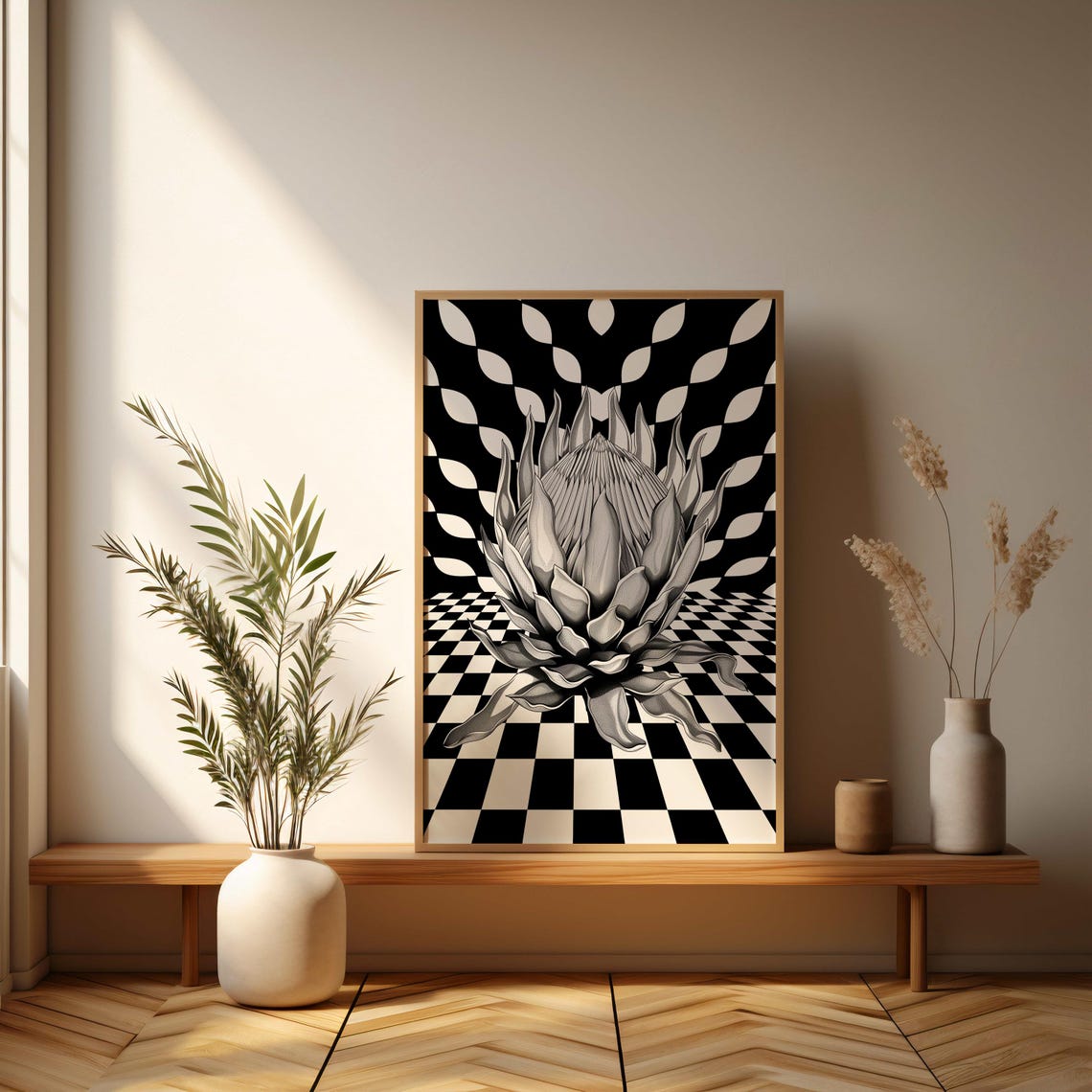 Black and White Geometric King Protea Optical Illusion Art Poster - Image 3