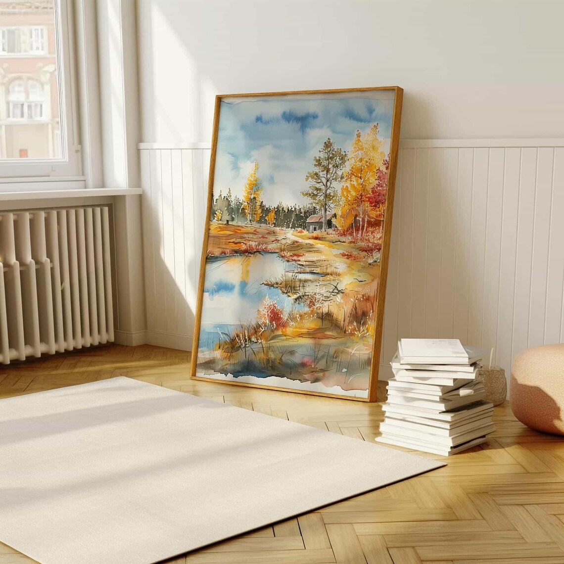Rustic Autumn Cabin by Lakeside Watercolor Landscape Painting Poster - Image 5